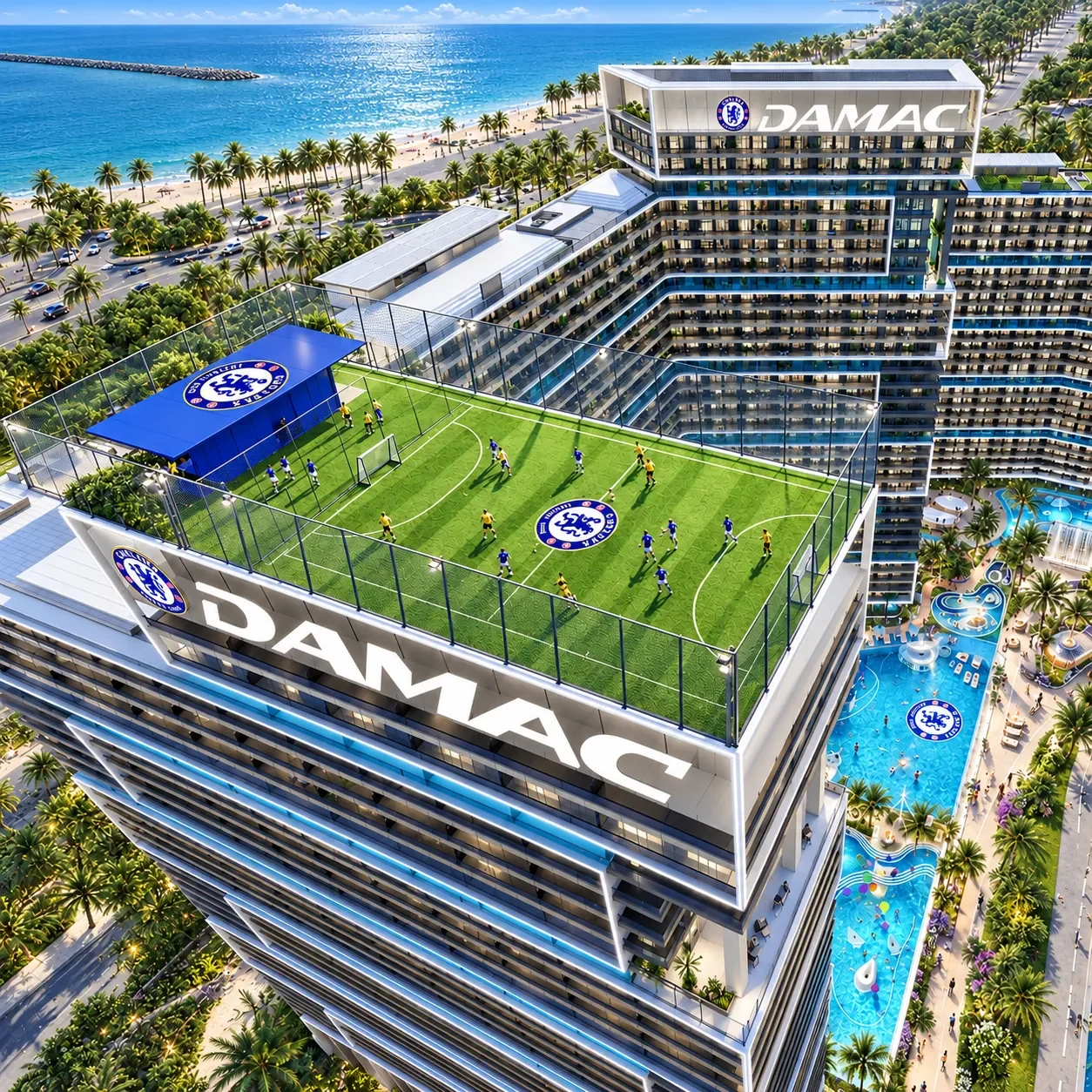 Rooftop football pitch with sea views